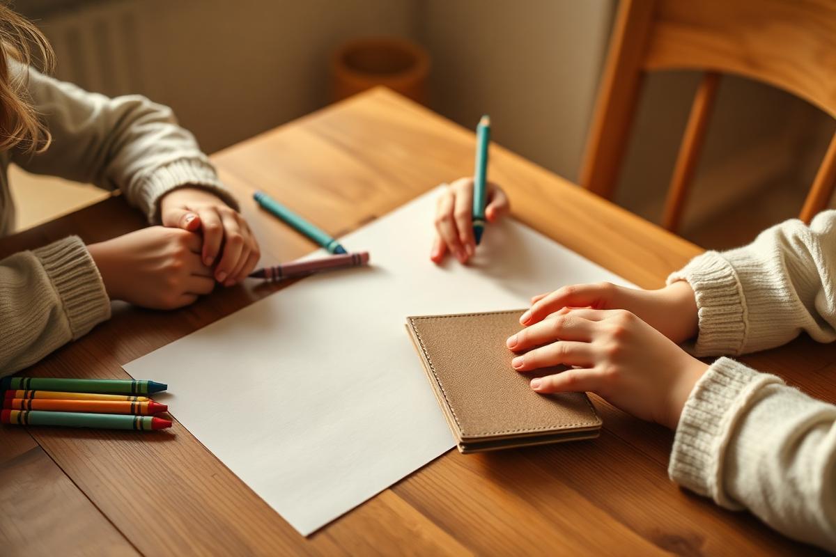 Children drawing at a kitchen table with a handmade paper passport
